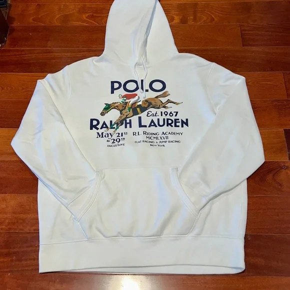 Polo Ralph Lauren Men VTG Equestrian Horse Riding Graphic Fleece Hoodie  White